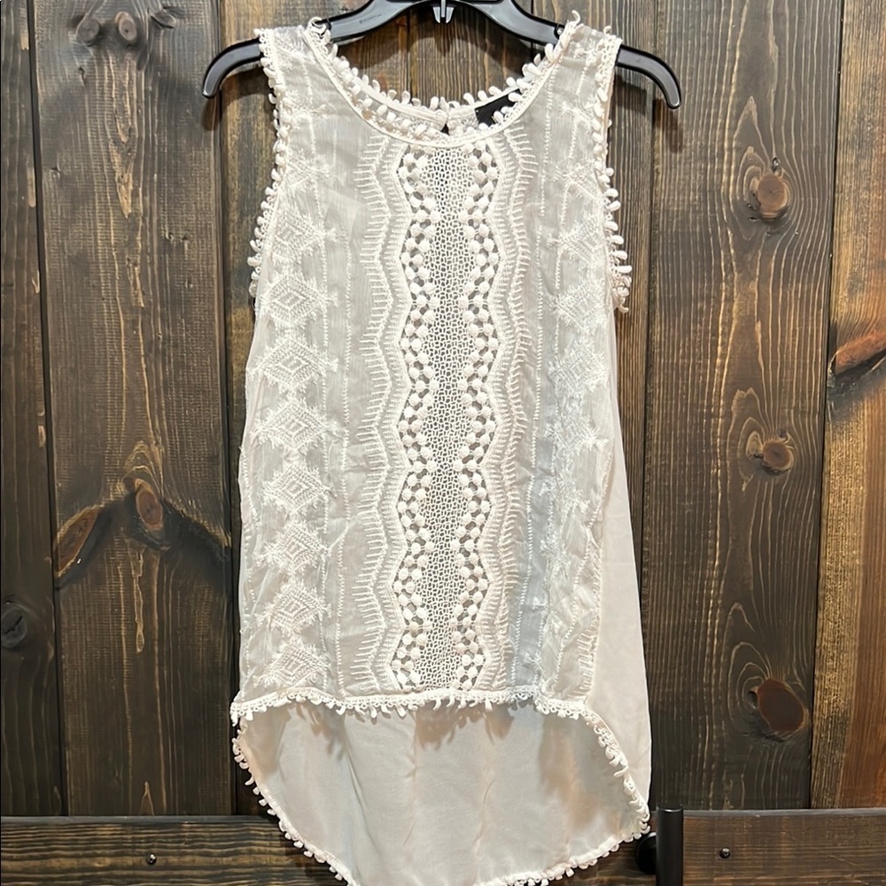 W5 White Lace Boho Top S Sheer Eyelet Tribal Pearl Boho Chic Coastal Festival